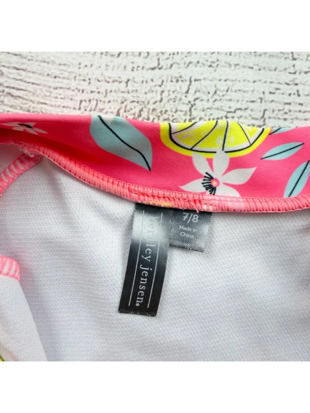 Berkley Jensen Girls One Piece Long Sleeve Swimsuit Pink Fruit Print UPF 50+ 7-8